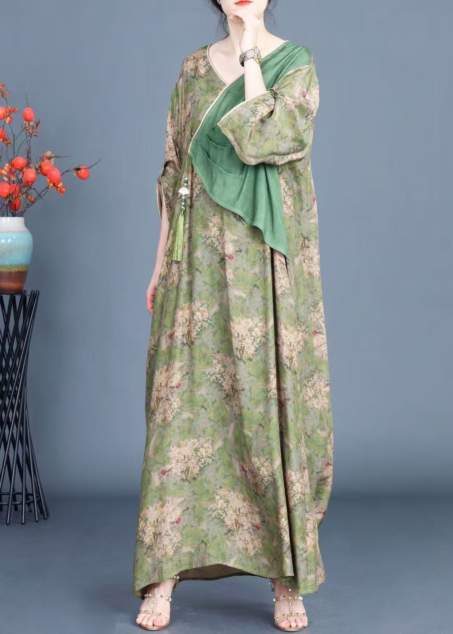 New Green Button Print Patchwork Silk Dresses Fall