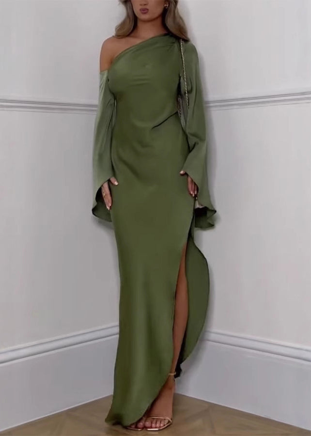 New Green Cold Shoulder Side Open Long Dresses Flare Sleeve