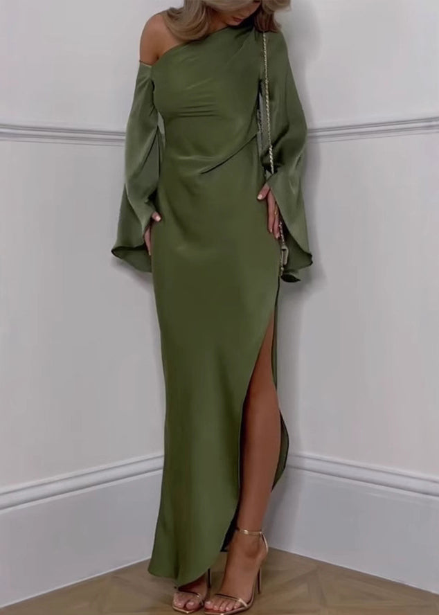 New Green Cold Shoulder Side Open Long Dresses Flare Sleeve