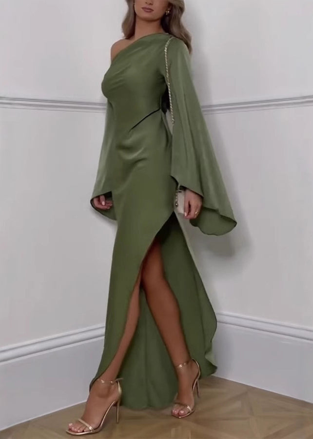 New Green Cold Shoulder Side Open Long Dresses Flare Sleeve