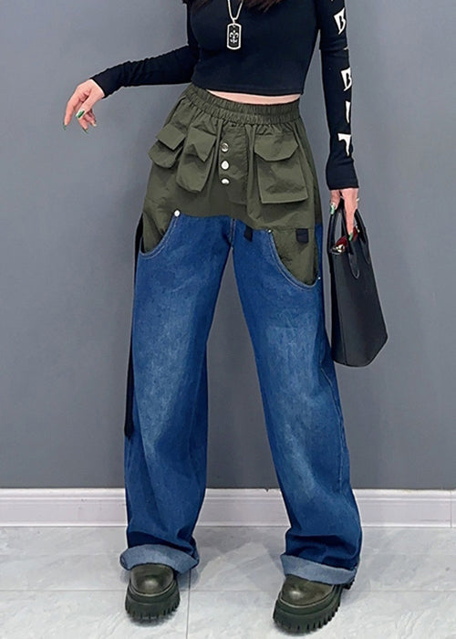 New Green Elastic Waist Patchwork Denim Pants Spring