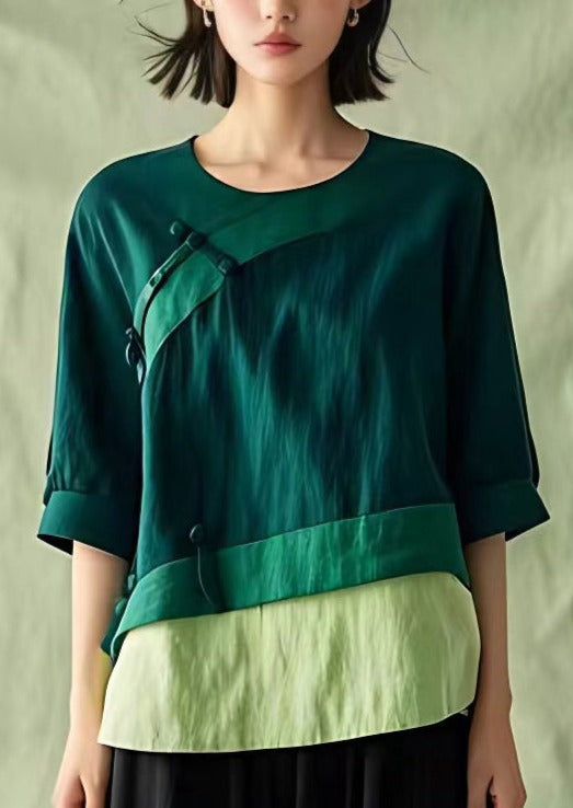 New Green O Neck Button Linen Blouses Half Sleeve