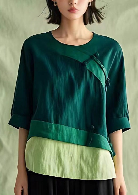 New Green O Neck Button Linen Blouses Half Sleeve