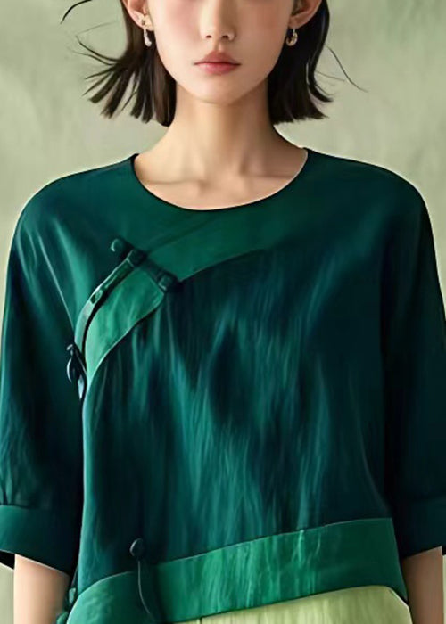 New Green O Neck Button Linen Blouses Half Sleeve