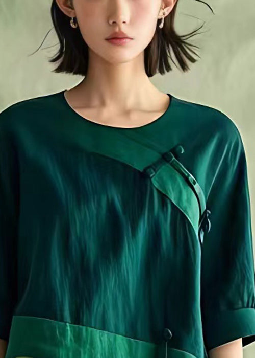 New Green O Neck Button Linen Blouses Half Sleeve