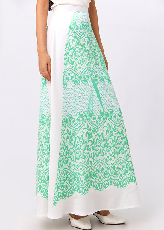 New Green Print High Waist Silk Maxi Skirts Summer