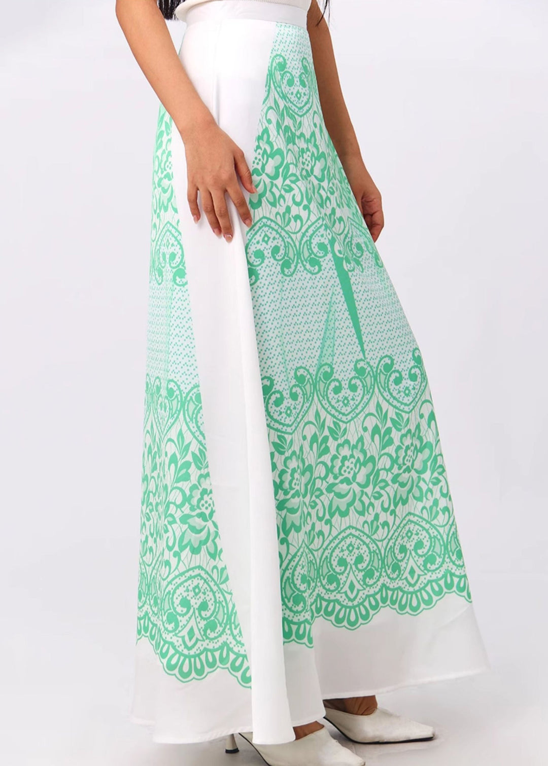 New Green Print High Waist Silk Maxi Skirts Summer