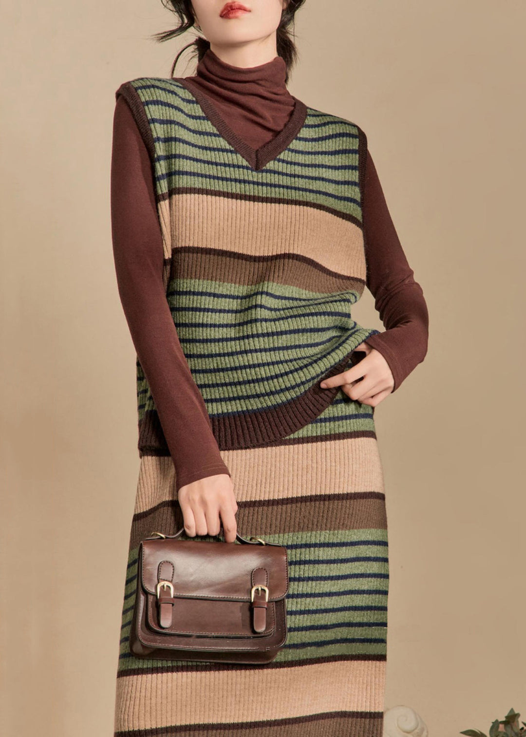 New Green Striped Vest And Skirts Knit Two Pieces Set Sleeveless