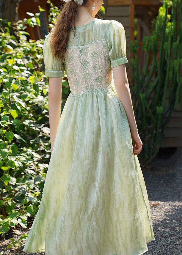 New Green V Neck Lace Patchwork Long Dress Summer