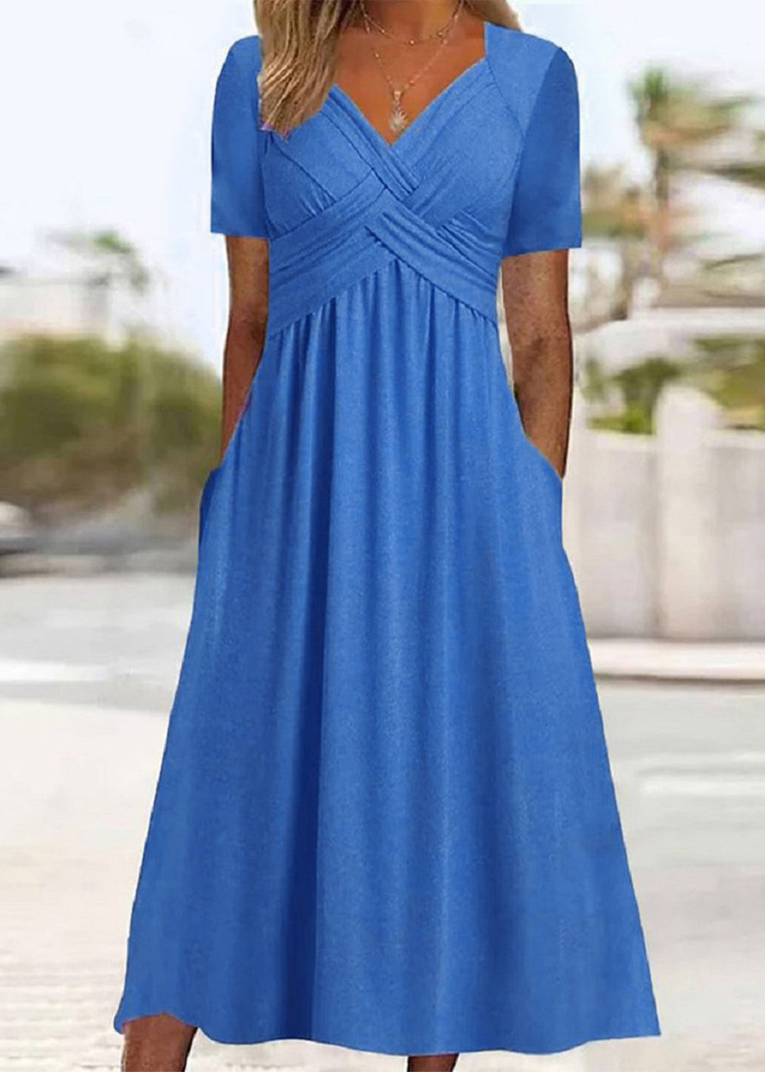 New Green V Neck Pockets Solid Cotton Long Dress Summer