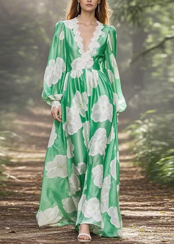 New Green V Neck Print Lace Patchwork Chiffon Maxi Dresses Spring