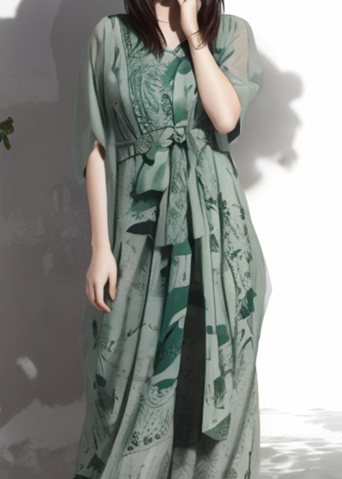 New Green V Neck Print Silk Maxi Dresses Summer