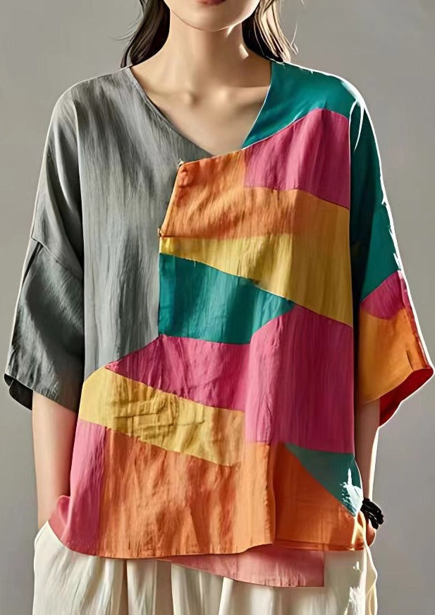 New Grey Asymmetrical Patchwork Linen T Shirts Summer