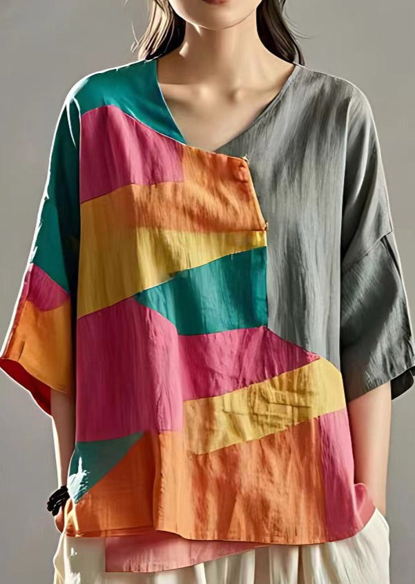 New Grey Asymmetrical Patchwork Linen T Shirts Summer