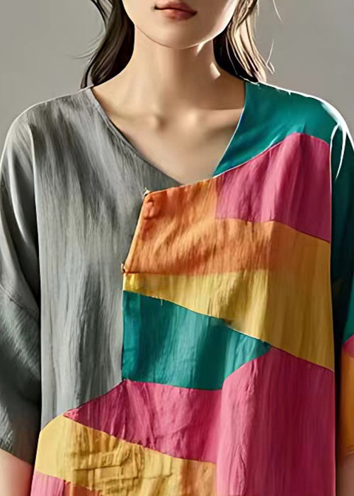 New Grey Asymmetrical Patchwork Linen T Shirts Summer