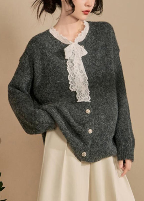 New Grey Button Lace Patchwork Knit Coat Winter