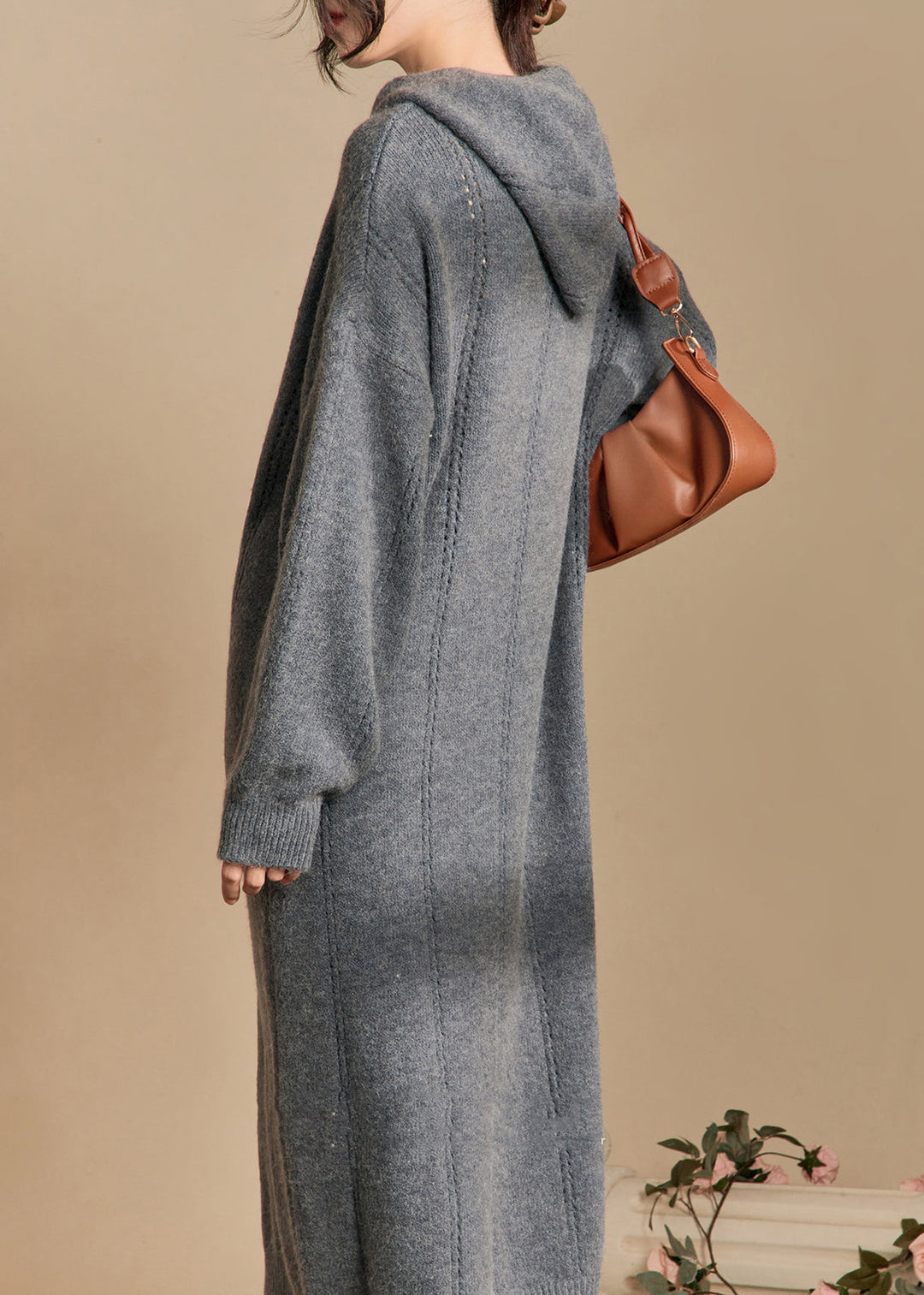 New Grey Hooded Hollow Out Solid Knit Long Dress Winter