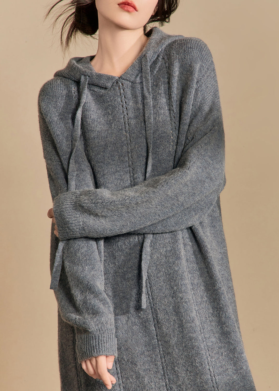 New Grey Hooded Hollow Out Solid Knit Long Dress Winter