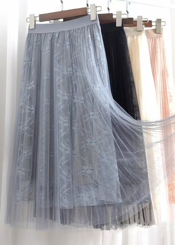 New Grey Lace Elastic Waist Tulle Pleated Skirt Spring