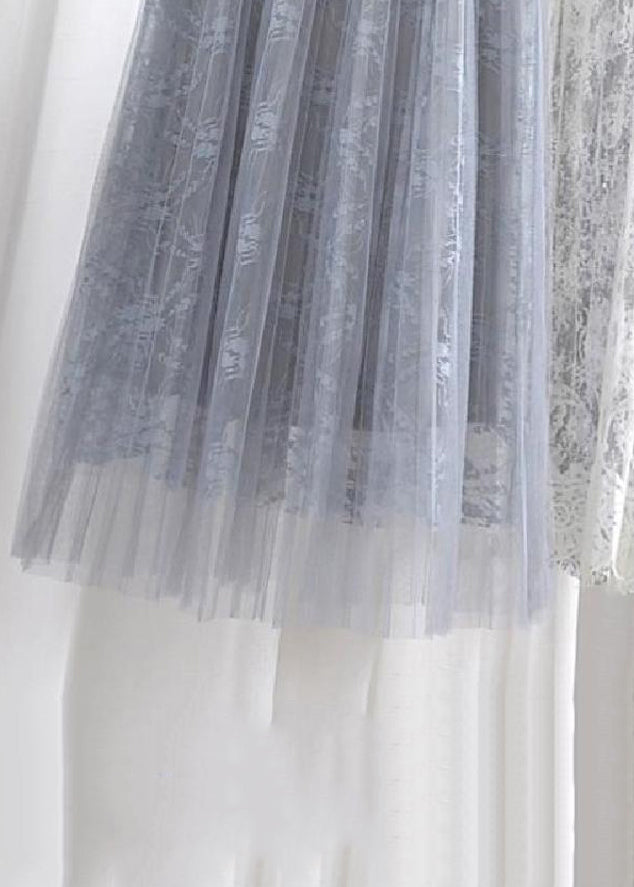 New Grey Lace Elastic Waist Tulle Pleated Skirt Spring