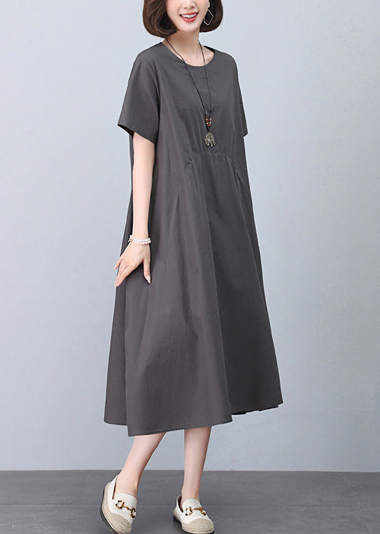 New Grey O Neck Pockets Cotton Dresses Summer