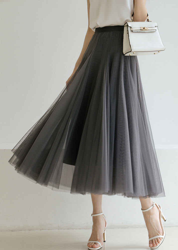 New Grey Solid High Waist Tulle Pleated Skirt Summer