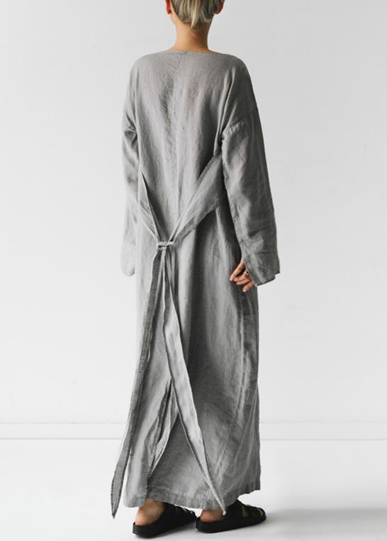 New Grey Solid Tie Waist Cotton Long Dress Long Sleeve