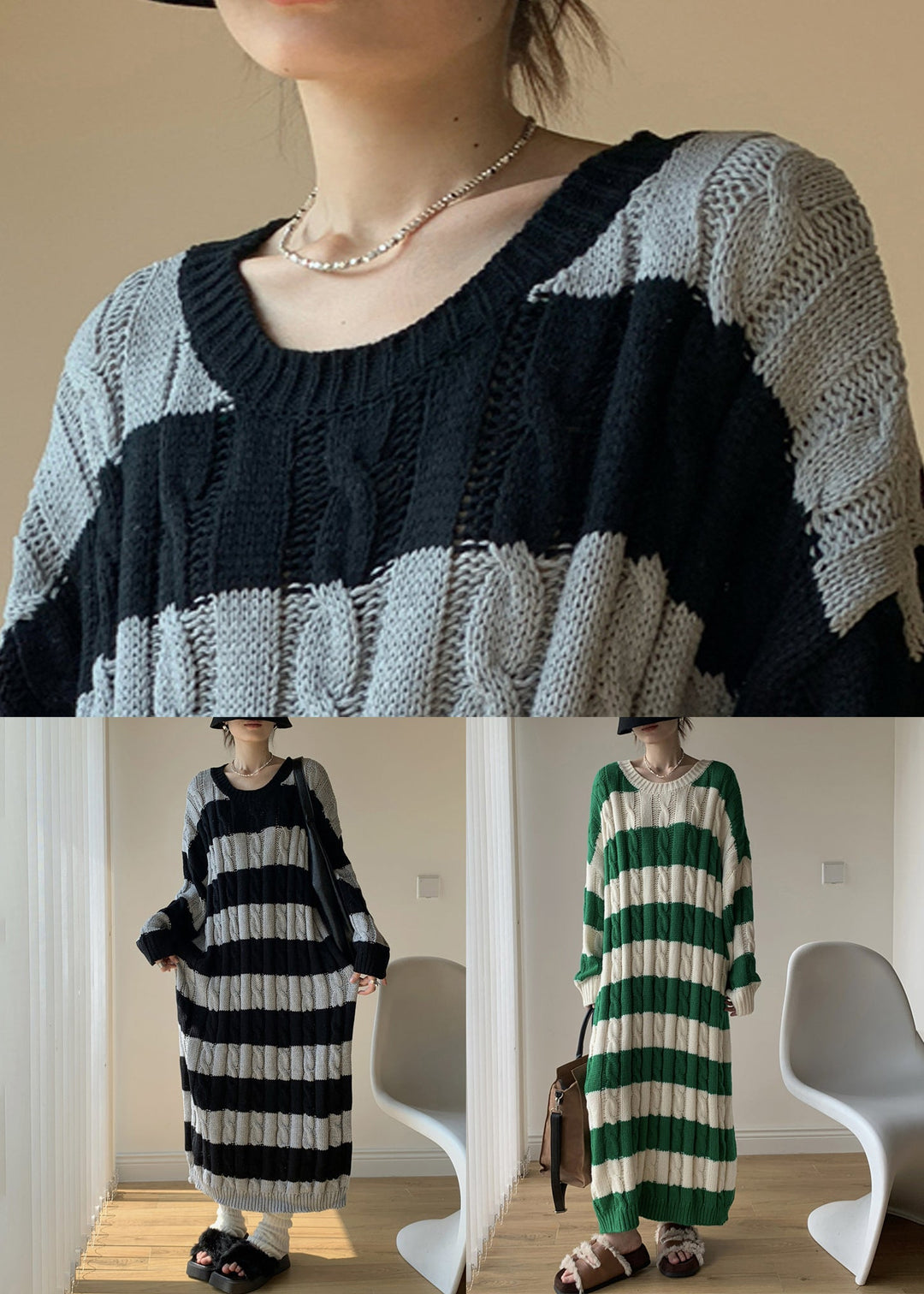 New Grey Striped O Neck Cotton Knit Knitwear Dress Winter