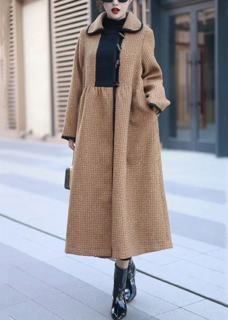 New Khaki Button Pockets Patchwork Woolen Long Coat Winter