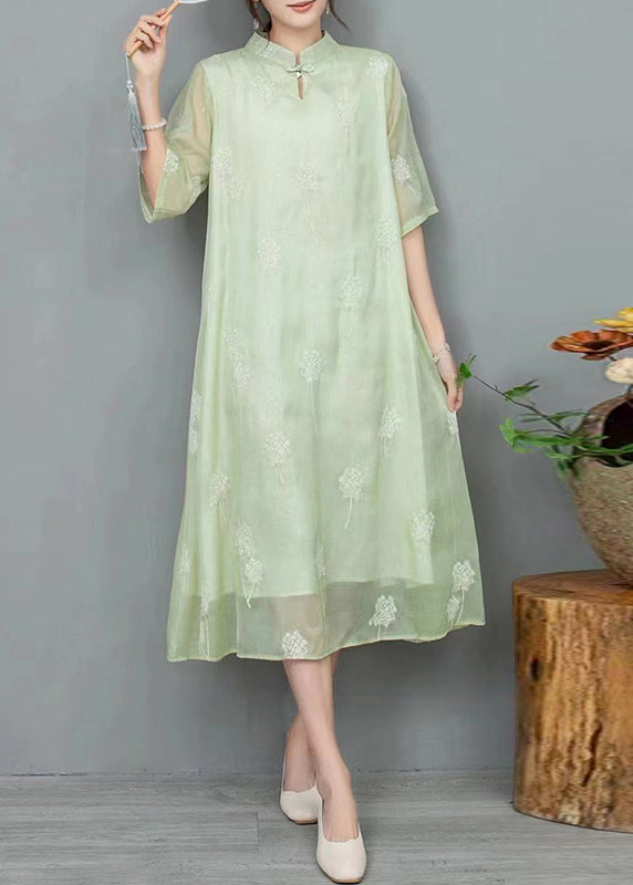 New Light Green Stand Collar Embroidered Linen Dress Half Sleeve