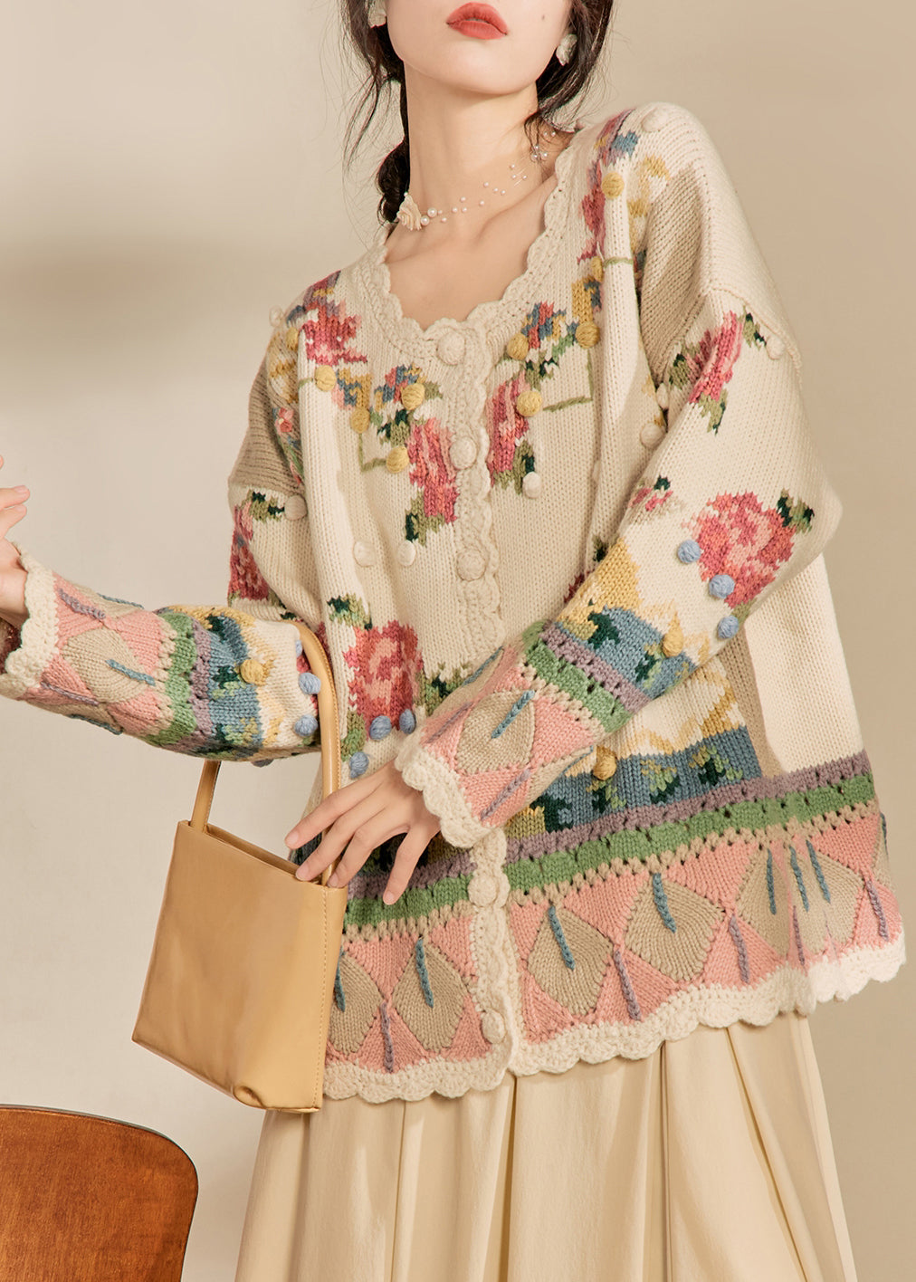 New Loose Beige Embroidered Button Knit Cardigans Fall