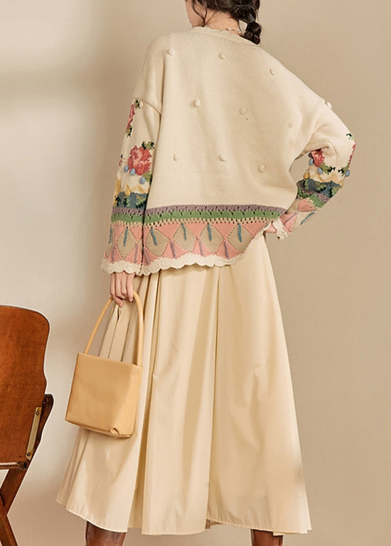 New Loose Beige Embroidered Button Knit Cardigans Fall