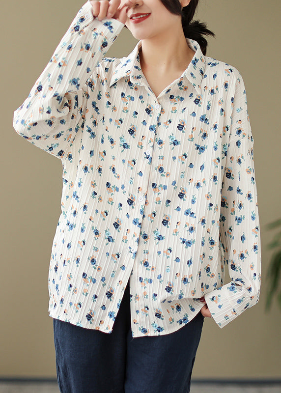 New Loose Beige Peter Pan Collar Print Cotton Shirt Spring