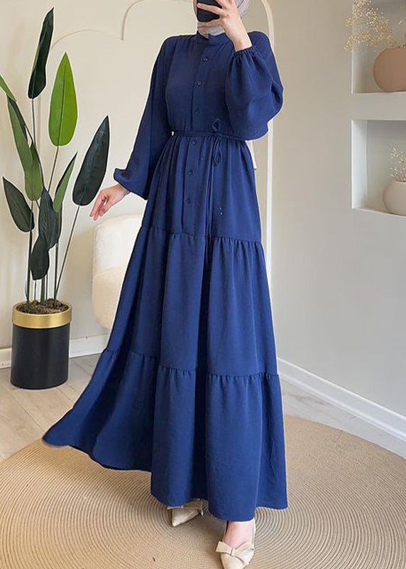 New Navy Button Tie Waist Cotton Long Dresses Fall