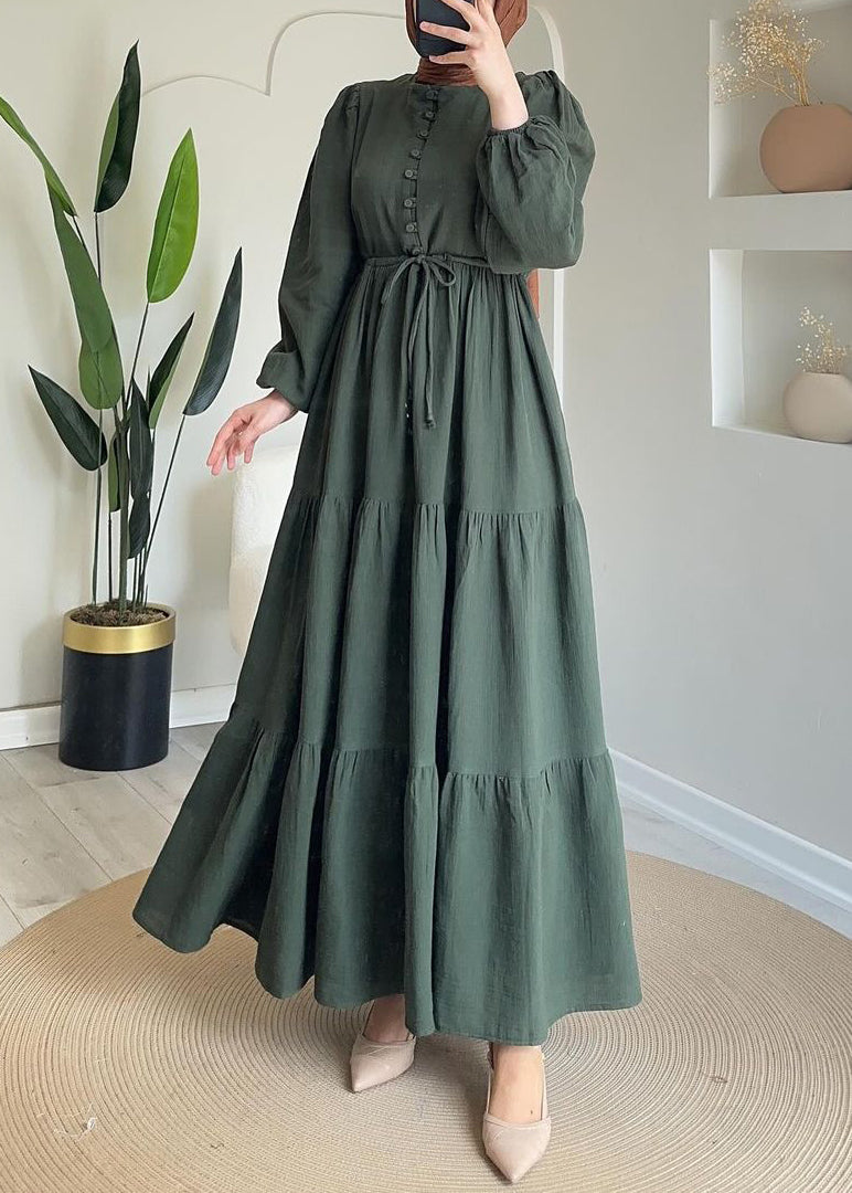 New Navy Button Tie Waist Cotton Long Dresses Fall