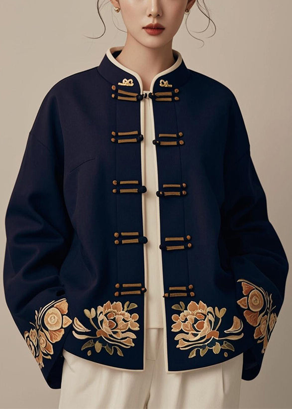 New Navy Chinese Button Print Cotton Coat Fall