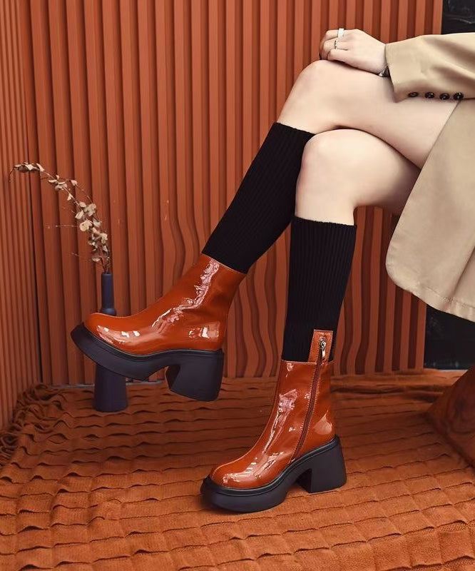 New Orange Faux Leather Splicing Chunky Heel Boots