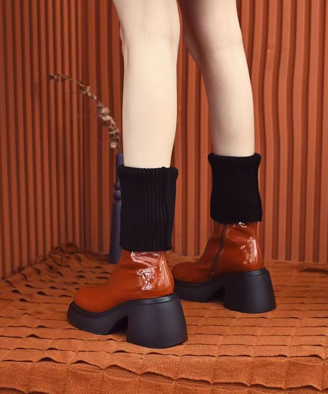 New Orange Faux Leather Splicing Chunky Heel Boots