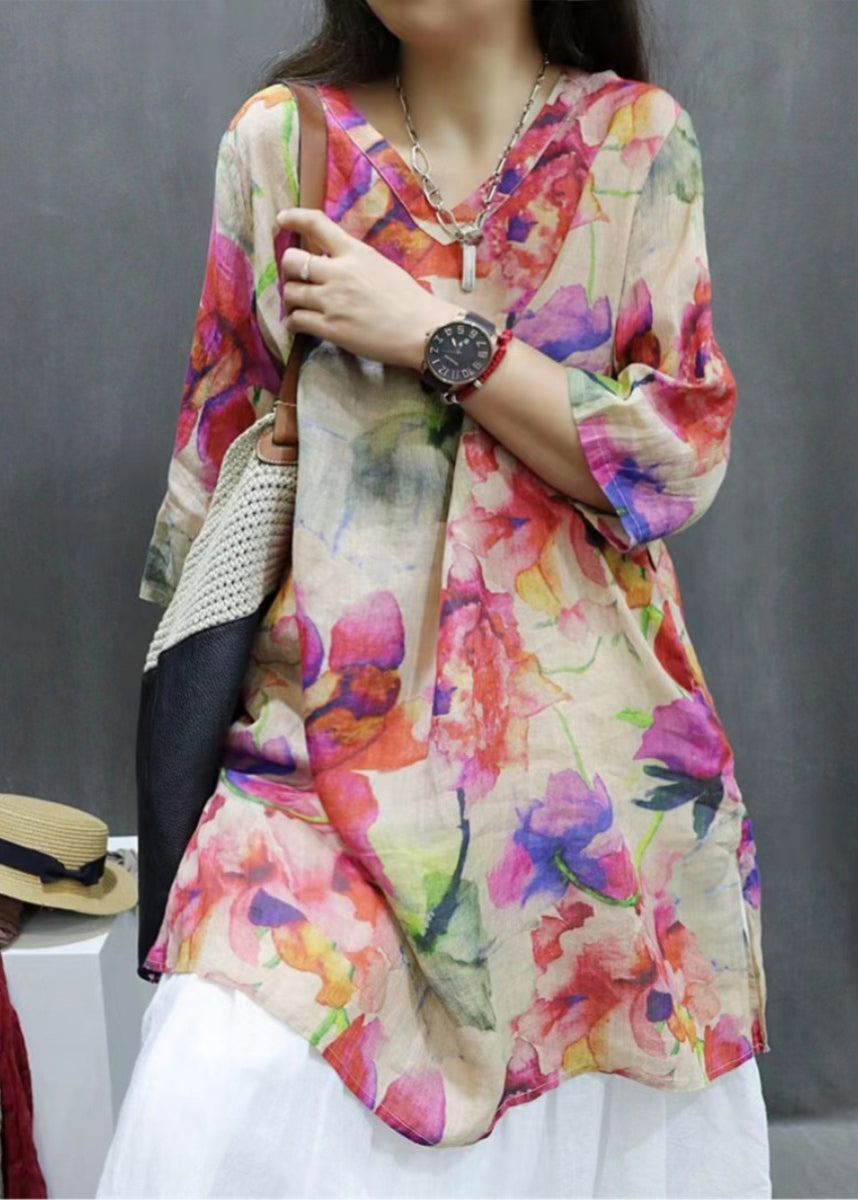 New Photo Color V Neck Print Linen Blouse Half Sleeve