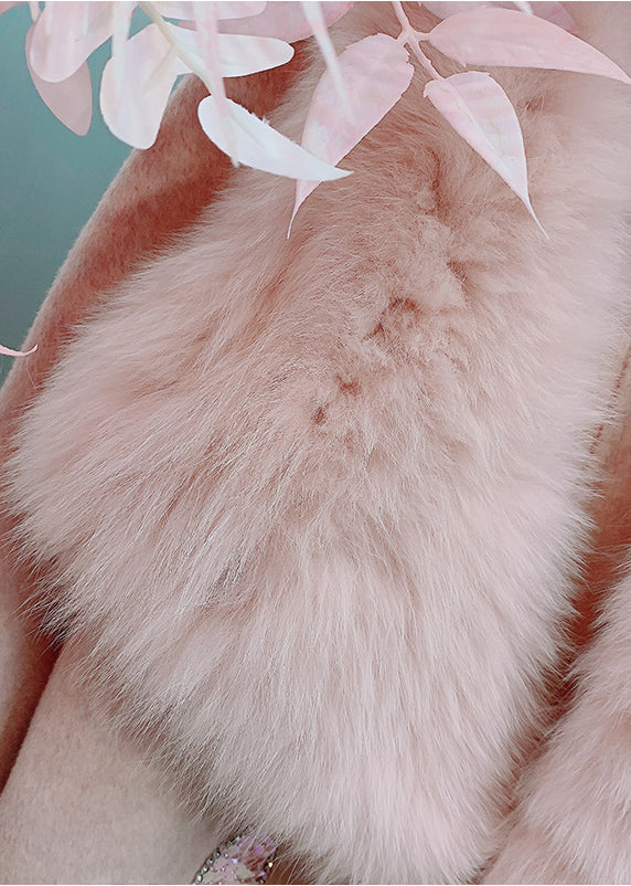 New Pink Fur Collar Sequins Nail Bead Wool Coat Spring