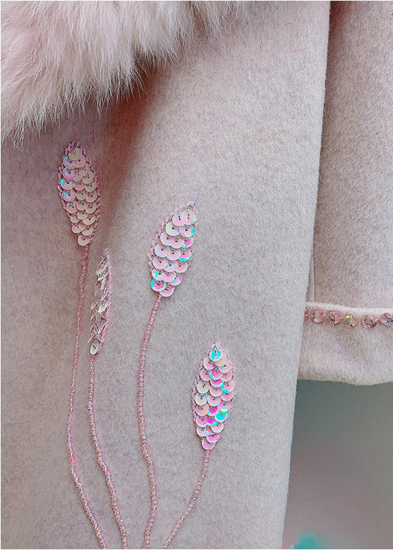 New Pink Fur Collar Sequins Nail Bead Wool Coat Spring