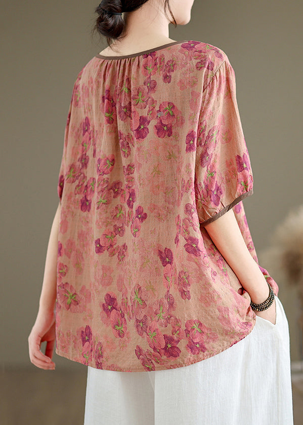 New Pink O Neck Print Button Linen Top Summer