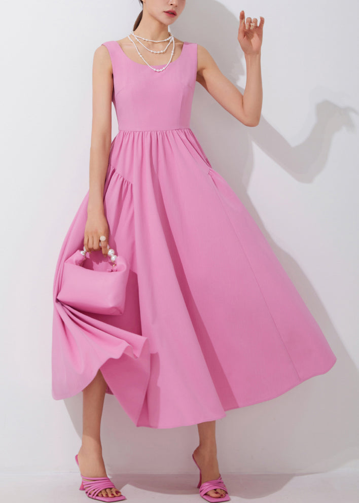 New Pink O-Neck Solid Patchwork Long Dress Sleeveless