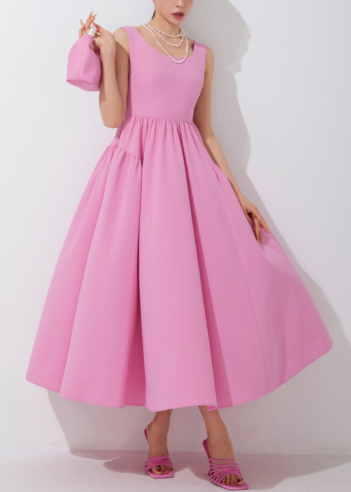 New Pink O-Neck Solid Patchwork Long Dress Sleeveless