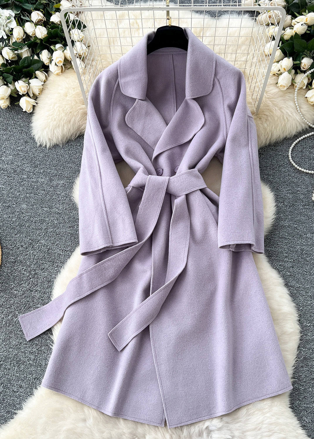 New Pink Peter Pan Collar Tie Waist Woolen Coat Winter