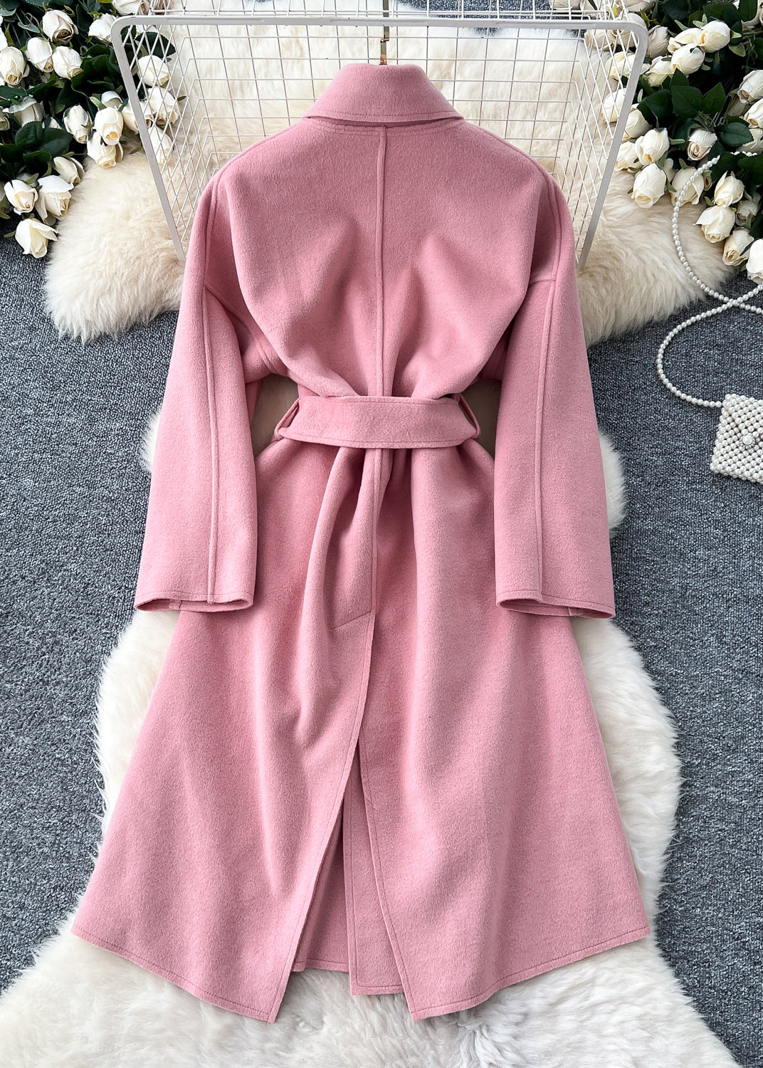 New Pink Peter Pan Collar Tie Waist Woolen Coat Winter