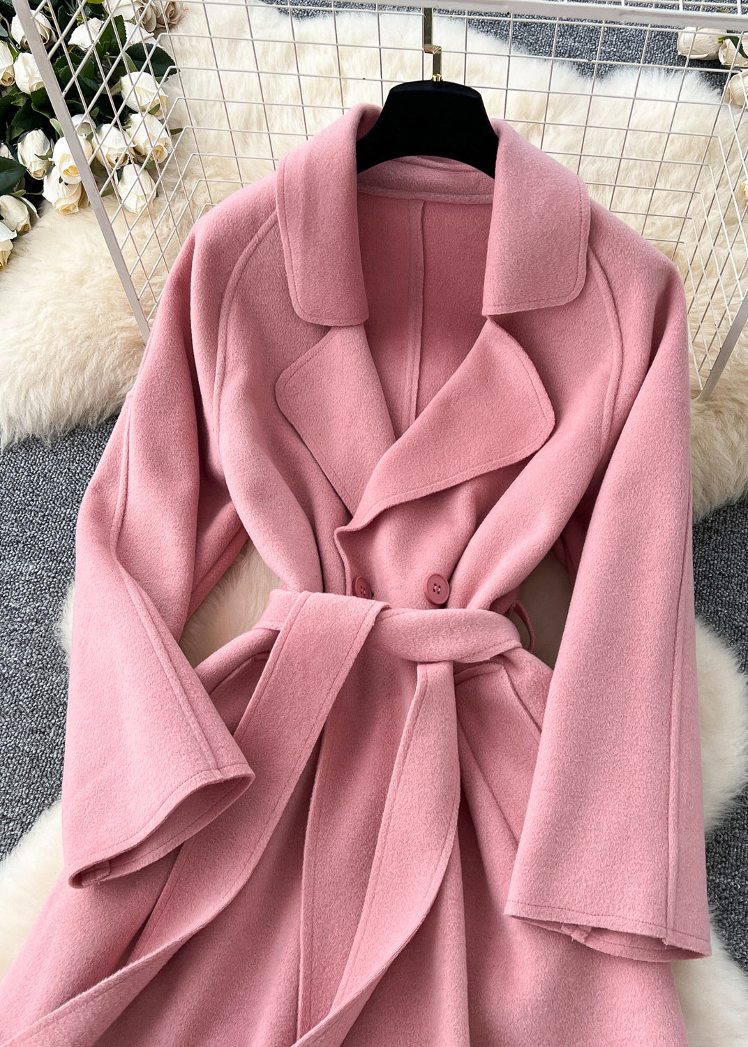 New Pink Peter Pan Collar Tie Waist Woolen Coat Winter