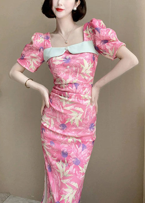 New Pink Print Side Open Cotton Dresses Summer