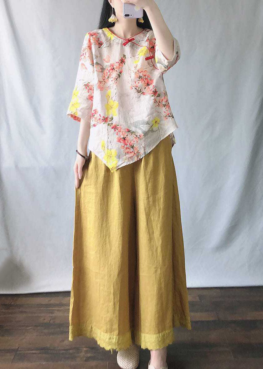 New Pink Print Tops And Yellow Wide Leg Pants Cotton Two-Piece Set Half Sleeve