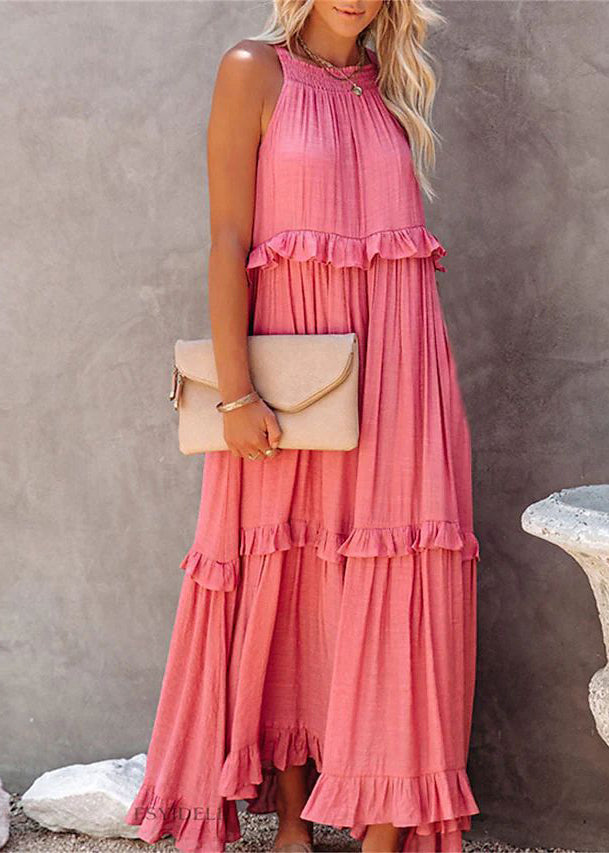 New Pink Ruffled Lace Up Cotton Long Dresses Sleeveless